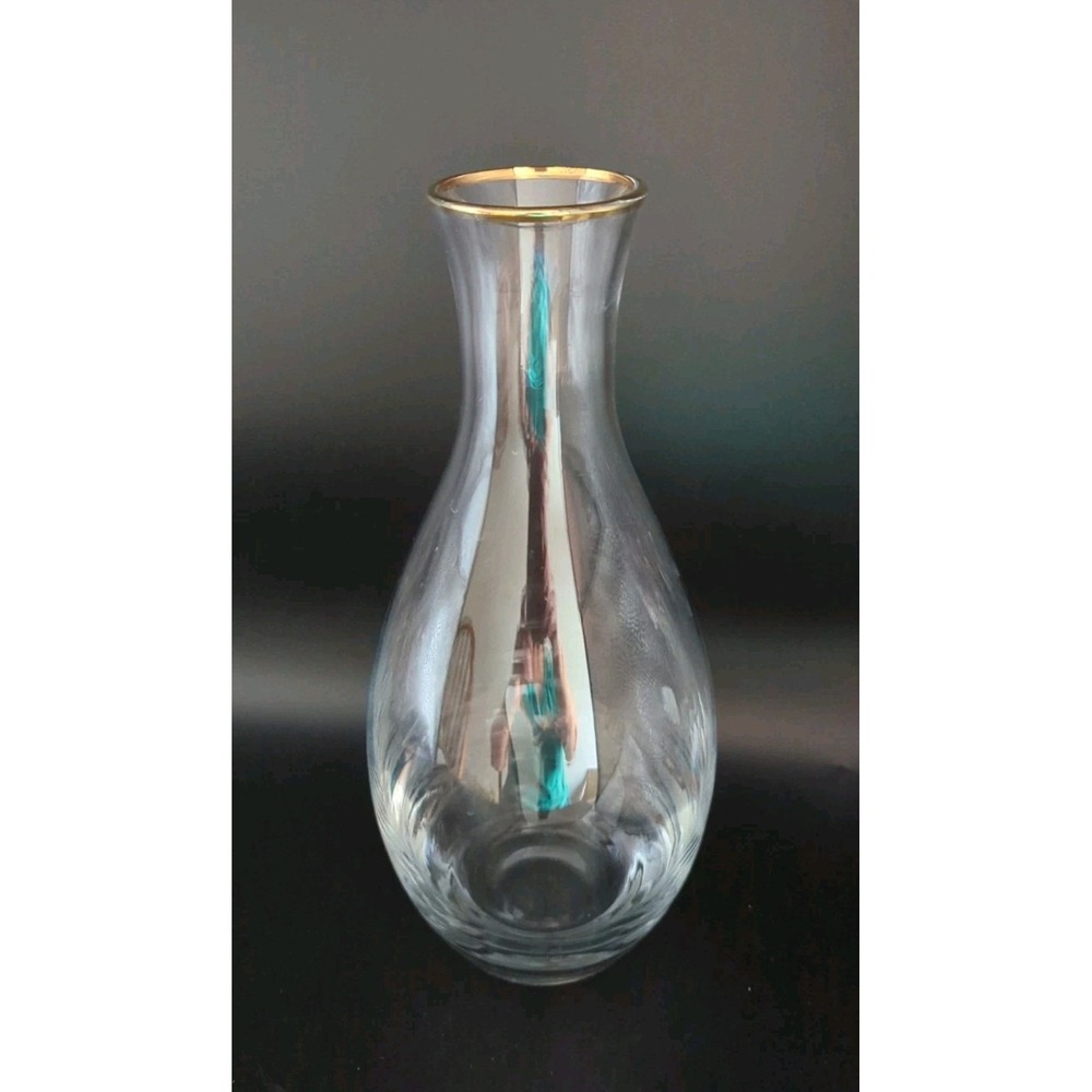 Clear Art Glass Carafe Vase Iridescent Gold Rim Bulbous Mid Century Modern Vtg